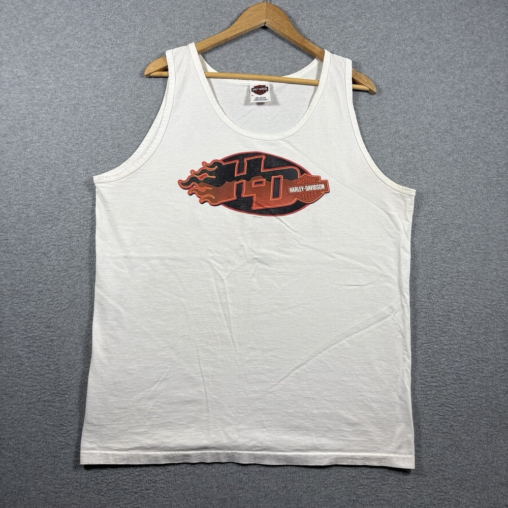 VTG 2003 Harley Davidson Tank Top Mens XL Flame Logo Ocean County NJ White USA
